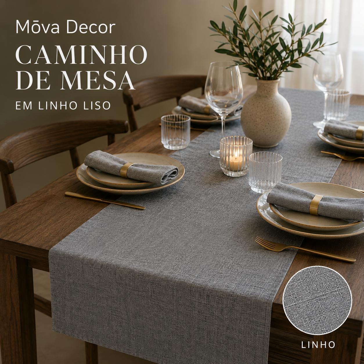 Caminho de Mesa em Linho Liso Cinza