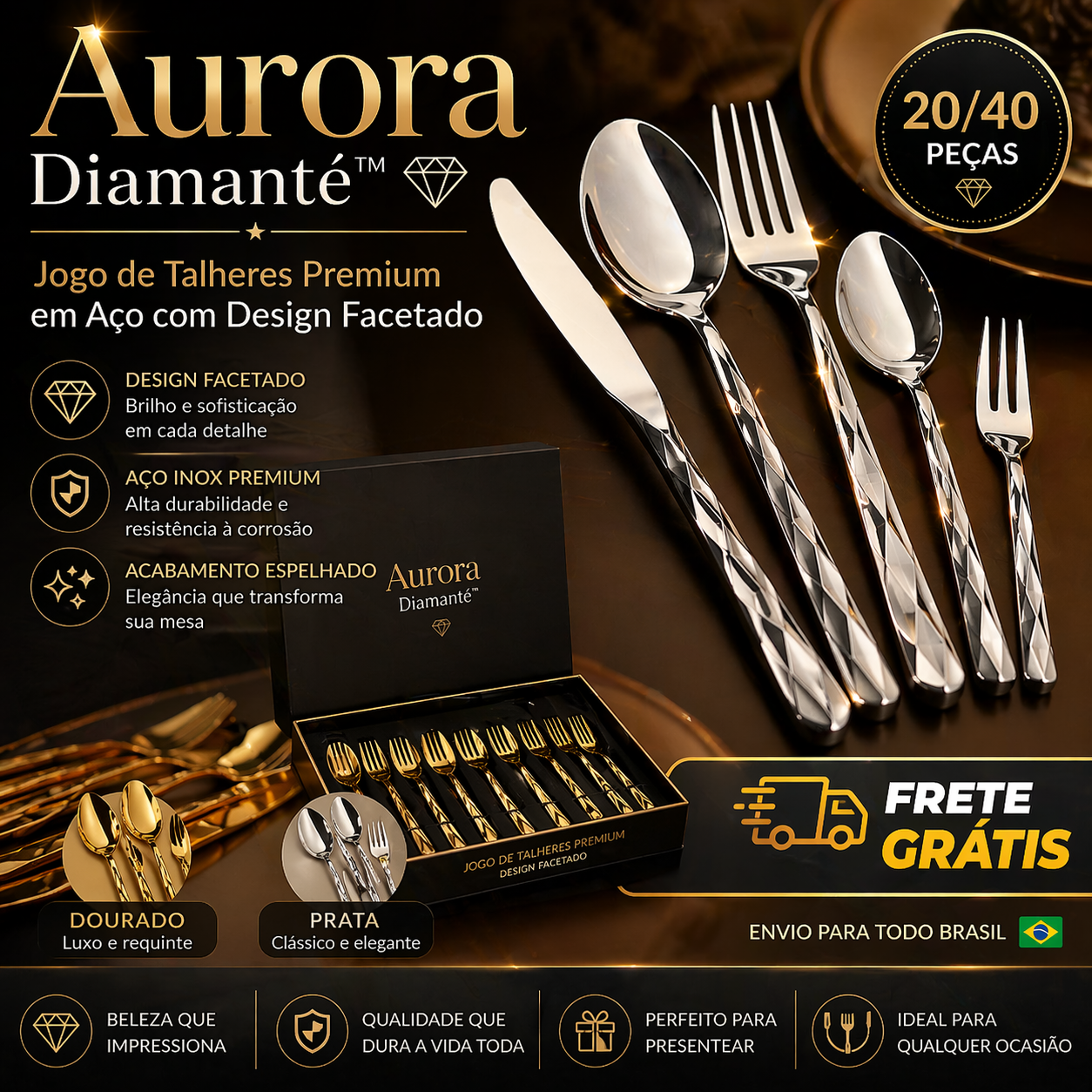 Aurora Diamanté™ – Jogo de Talheres Premium em Aço com Design Facetado
