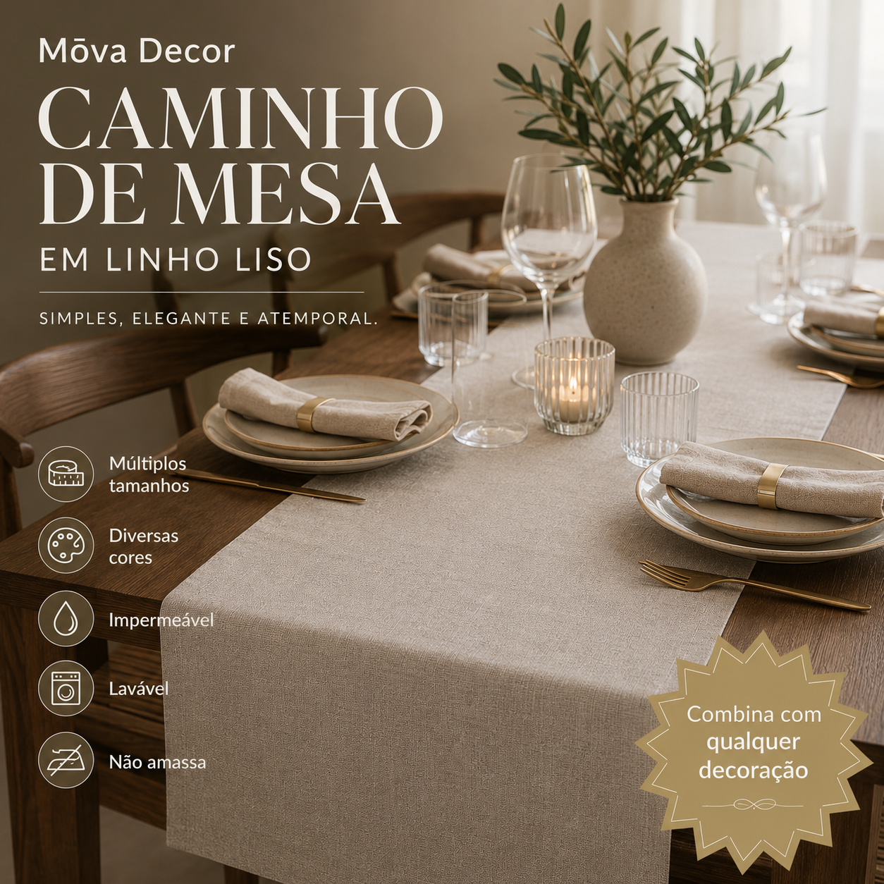 Caminho de Mesa em Linho Liso Mōva — detalhe do acabamento | Mova Decor