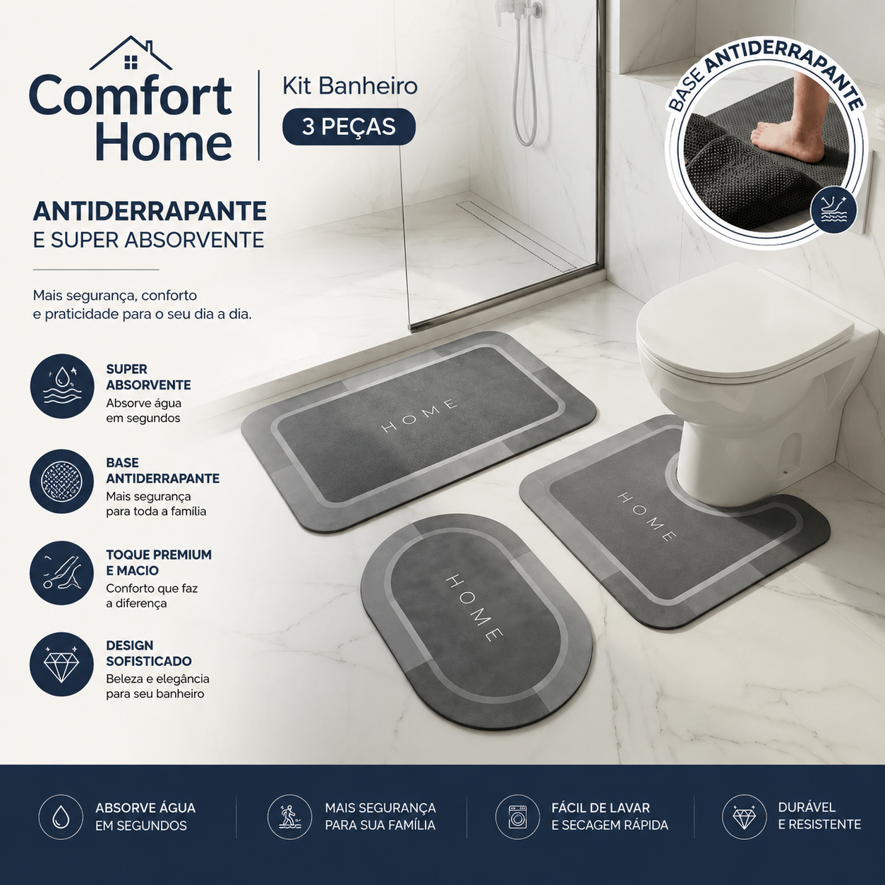 Comfort Home | Kit Banheiro 3 Peças Antiderrapante e Super Absorvente