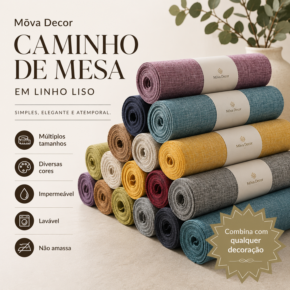 Caminho de Mesa em Linho Liso Mōva — vista principal do produto | Mova Decor