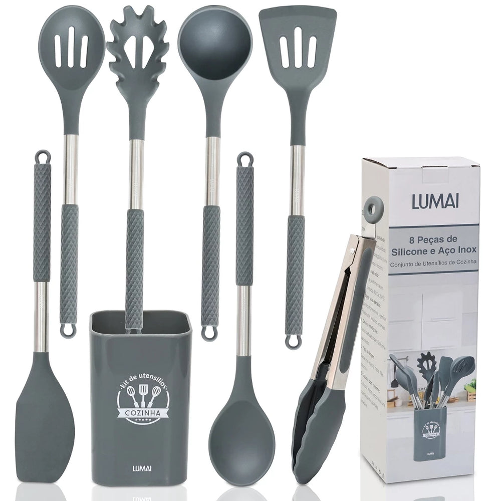 Kit 8 Utensílios de Cozinha de Silicone e Aço Inox - Mōva Decor — vista principal do produto | Mova Decor