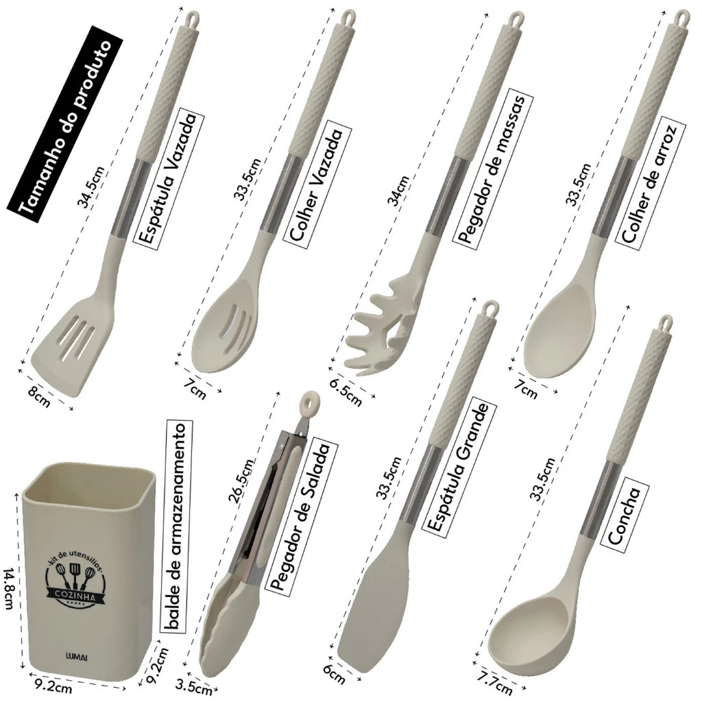 Kit 8 Utensílios de Cozinha de Silicone e Aço Inox - Mōva Decor