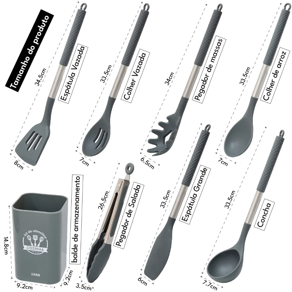 Kit 8 Utensílios de Cozinha de Silicone e Aço Inox - Mōva Decor