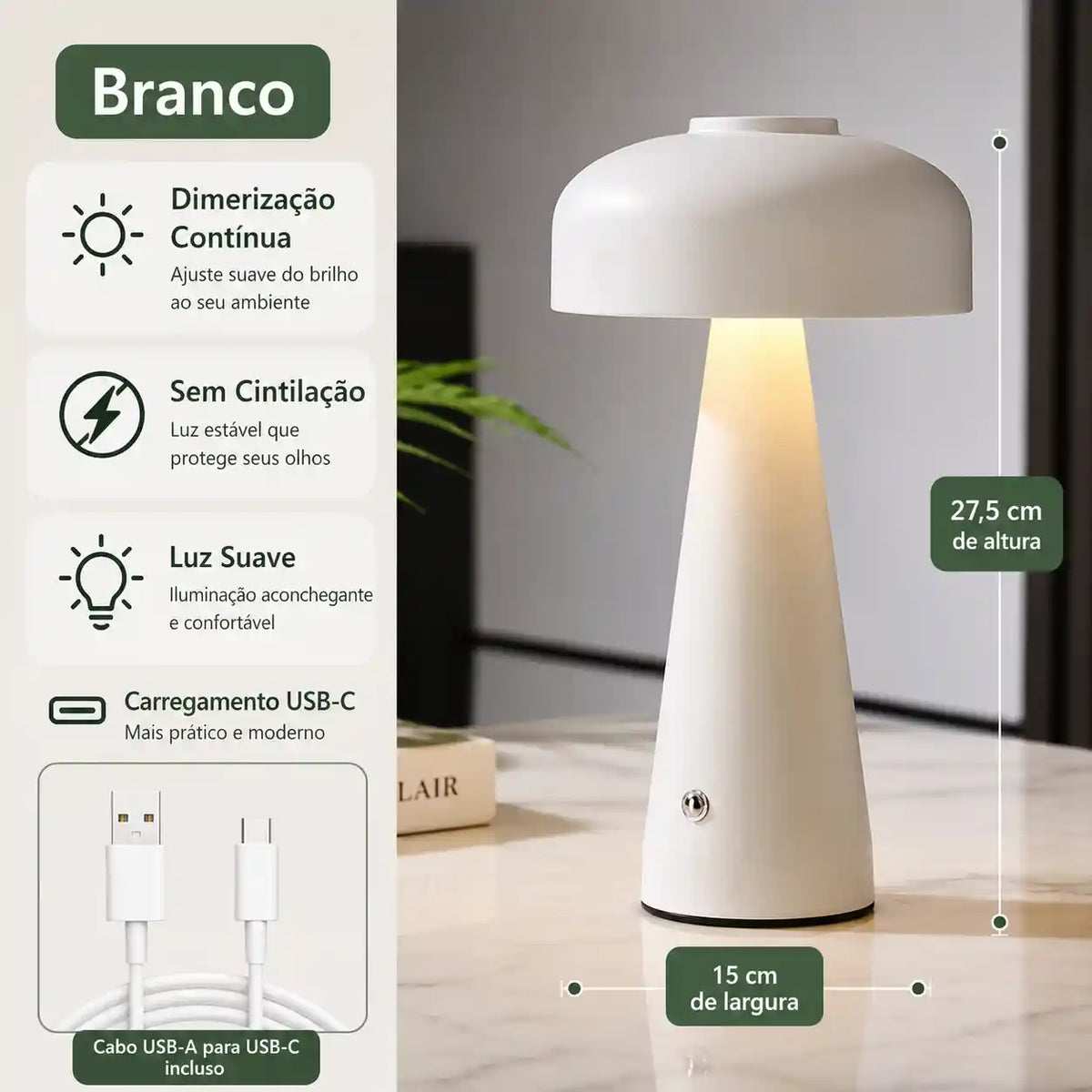 Luminária Cogumelo Recarregável Mōva — variante / Branca - Detalhes | Mova Decor