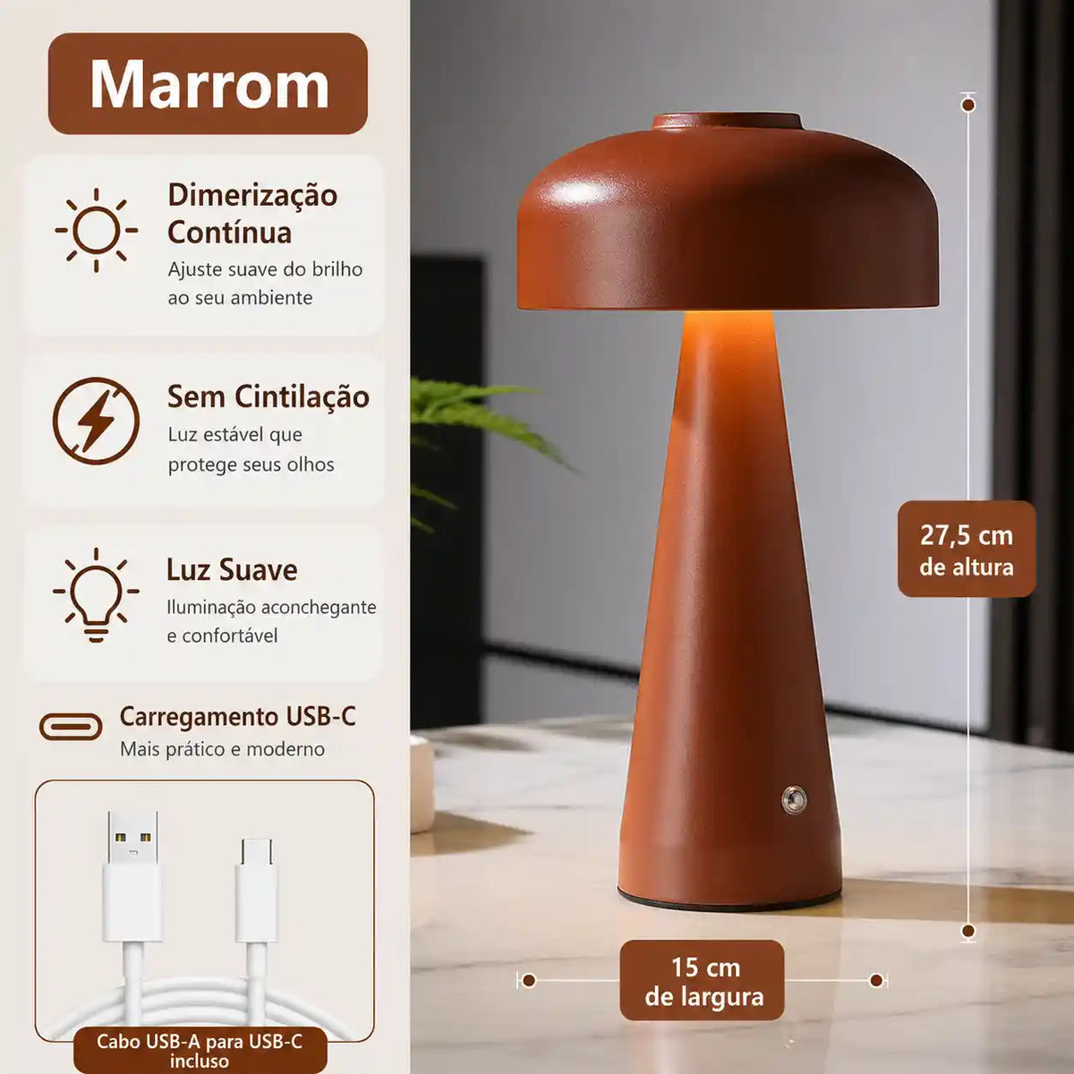 Luminária Cogumelo Recarregável Mōva — variante / Marrom - Detalhes | Mova Decor