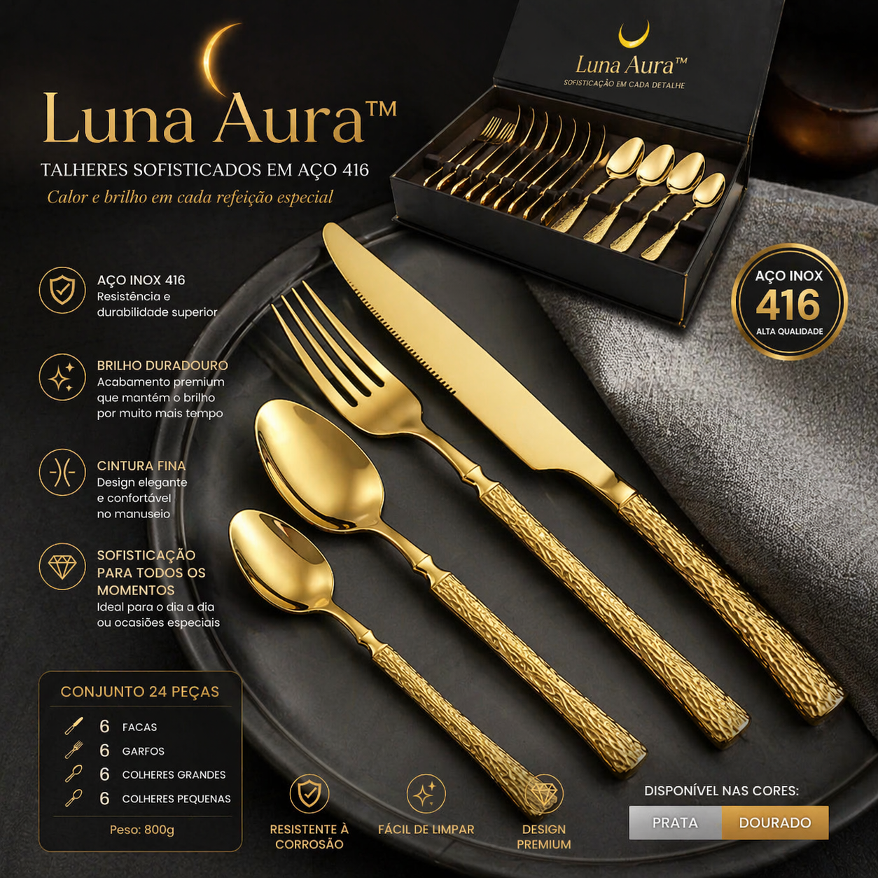 Luna Aura™ – Talheres Sofisticados em Aço 416