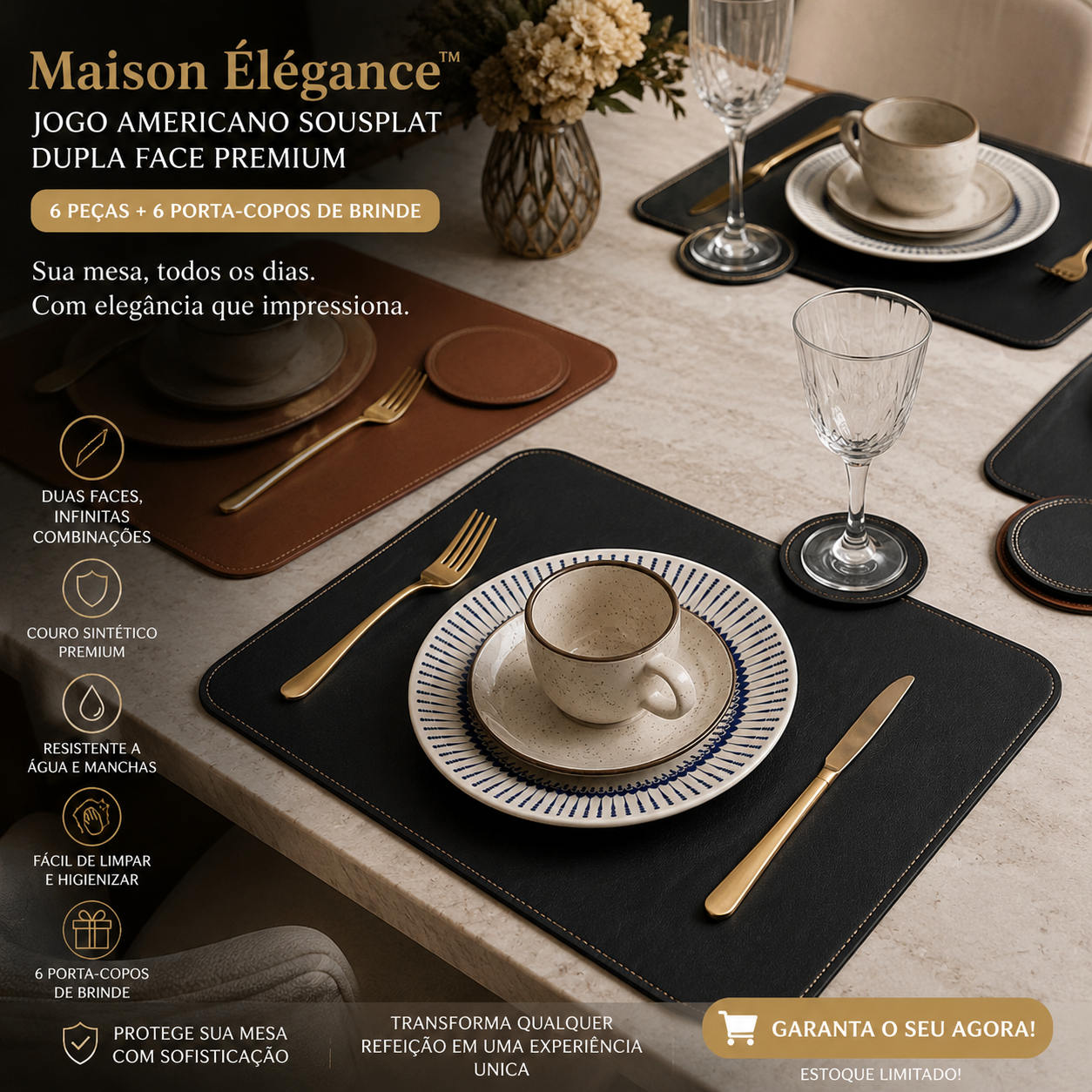 Maison Élégance™ – Kit Jogo Americano Dupla Face 6 Peças + 6 Porta-Copos de BRINDE