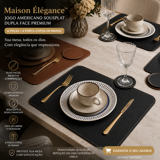 Maison Élégance™ – Kit Jogo Americano Dupla Face 6 Peças + 6 Porta-Copos de BRINDE