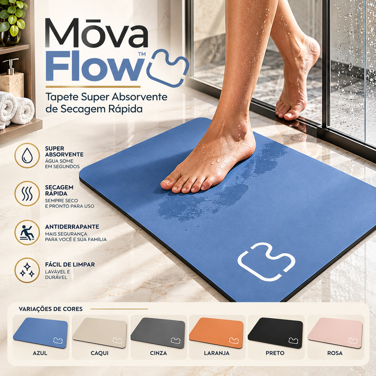 Mōva Flow — Tapete Super Absorvente de Secagem Rápida