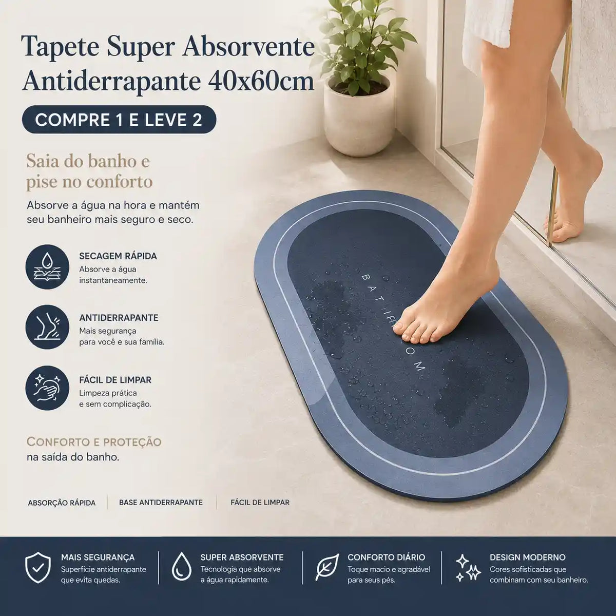 Kit com 2 tapetes super absorventes antiderrapantes 40 × 60 cm