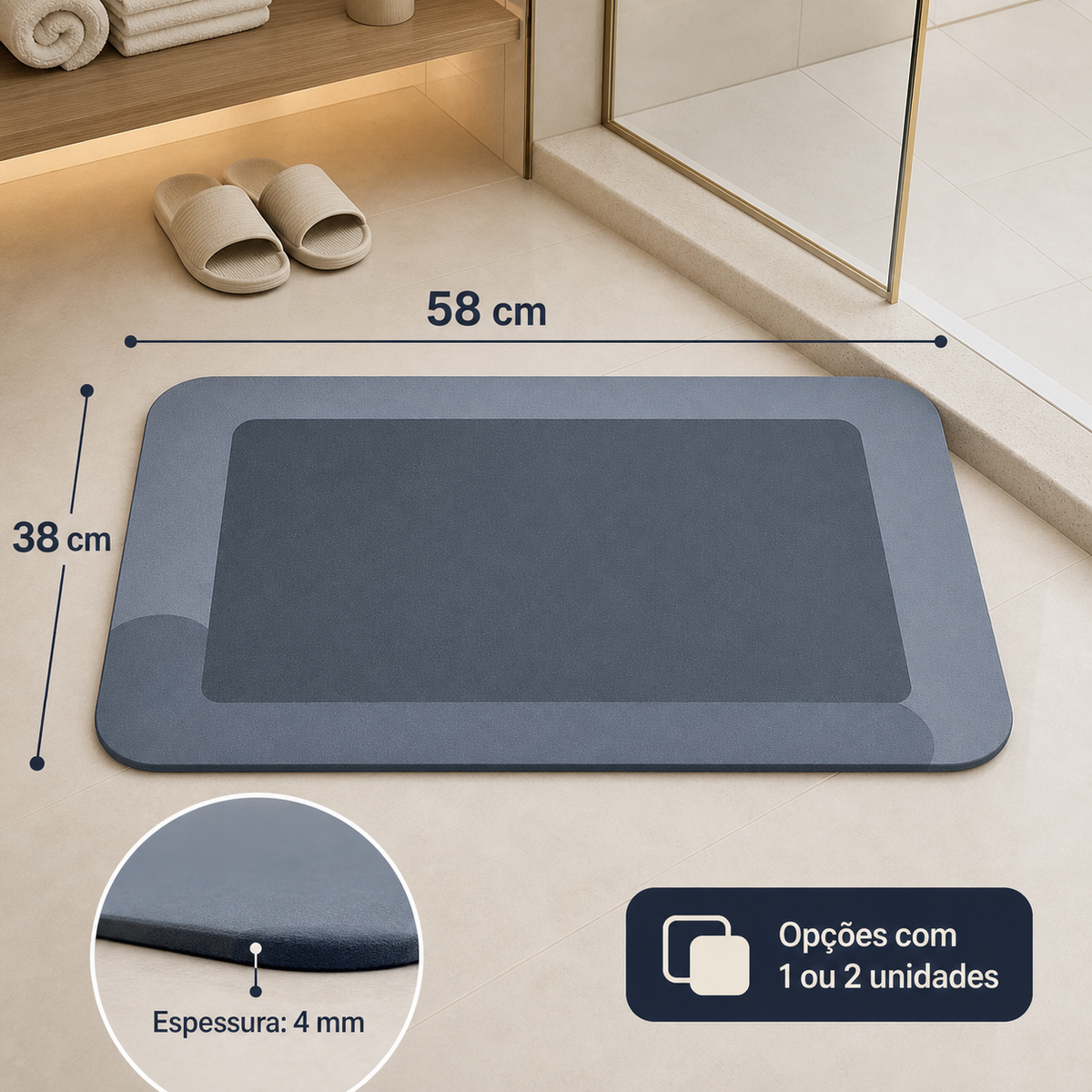 Tapete AquaDry Comfort com medidas 38 × 58 cm e espessura de 4 mm