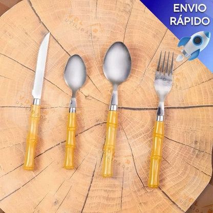 Kit Faqueiro Tropicale Bambu 24 Peças Aço Inox - Mōva Decor
