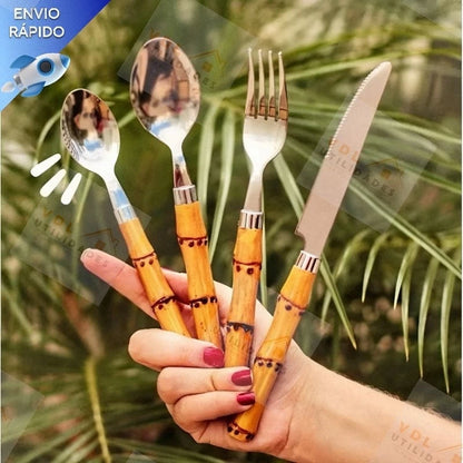 Kit Faqueiro Tropicale Bambu 24 Peças Aço Inox - Mōva Decor