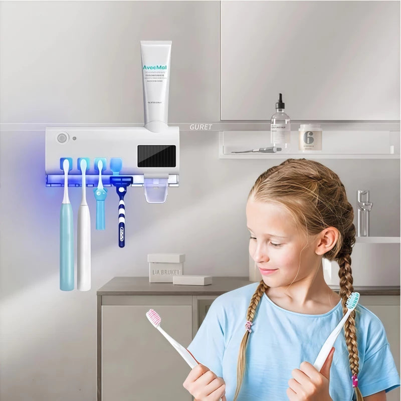 UVClean Family™ – Porta Escova com Esterilizador UV e Dispenser Automático