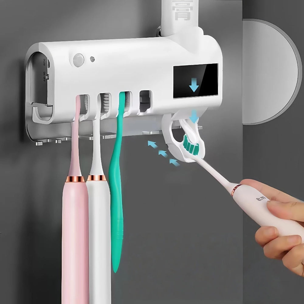 UVClean Family™ – Porta Escova com Esterilizador UV e Dispenser Automático — detalhe do acabamento | Mova Decor