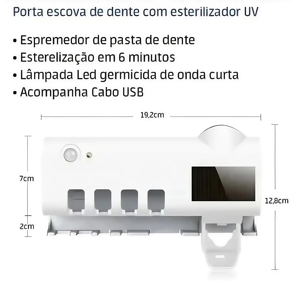 UVClean Family™ – Porta Escova com Esterilizador UV e Dispenser Automático