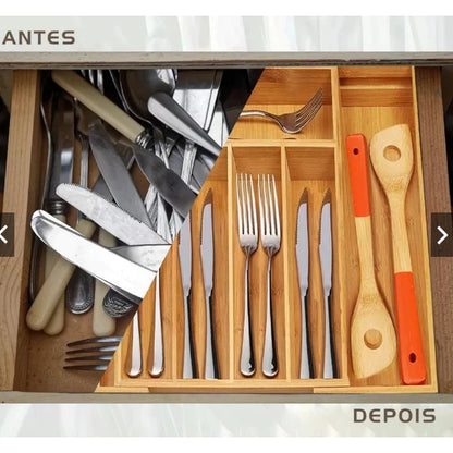 BambuFlex™ – Organizador Extensível de Gaveta com 5 Divisórias em Bambu