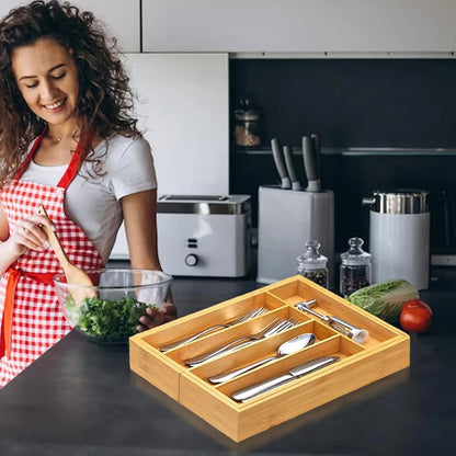 BambuFlex™ – Organizador Extensível de Gaveta com 5 Divisórias em Bambu