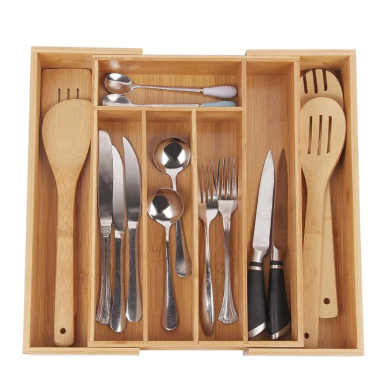 BambuFlex™ – Organizador Extensível de Gaveta com 5 Divisórias em Bambu