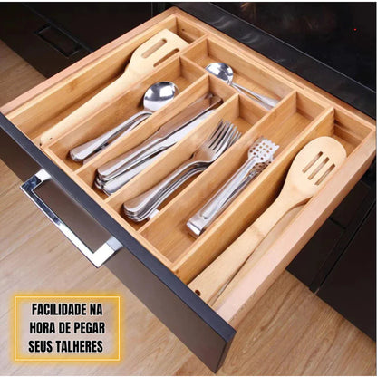BambuFlex™ – Organizador Extensível de Gaveta com 5 Divisórias em Bambu