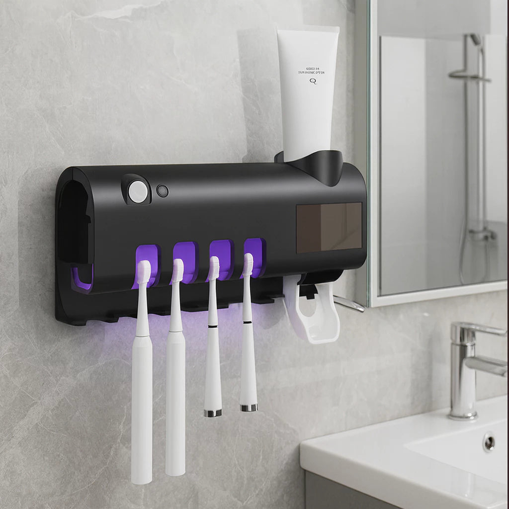 UVClean Family™ – Porta Escova com Esterilizador UV e Dispenser Automático