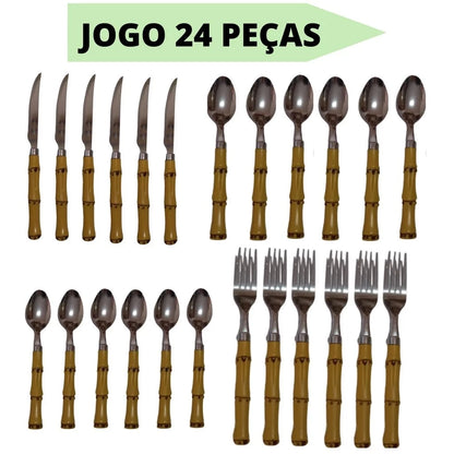 Kit Faqueiro Tropicale Bambu 24 Peças Aço Inox - Mōva Decor