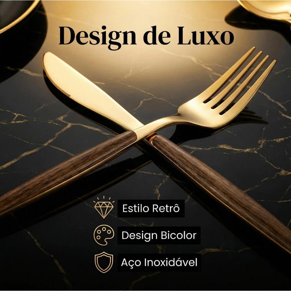 Jogo de Talheres Inox com Cabo de Madeira 24 Peças — detalhe do acabamento | Mova Decor