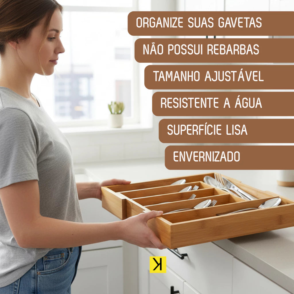 BambuFlex™ – Organizador Extensível de Gaveta com 5 Divisórias em Bambu