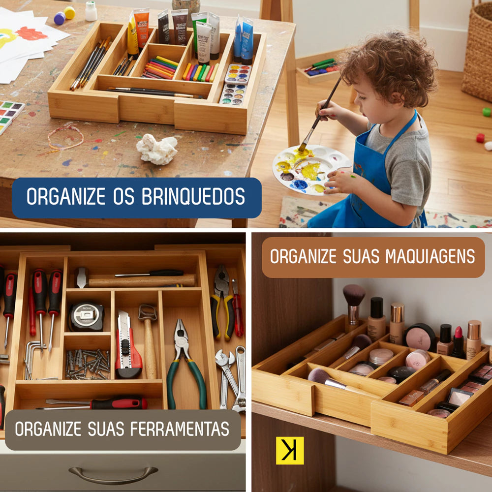 BambuFlex™ – Organizador Extensível de Gaveta com 5 Divisórias em Bambu