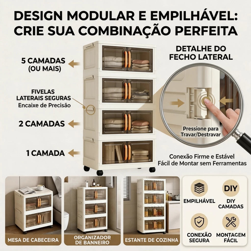 Organizador de Armário 50cm — Dobrável, Empilhável, 2 Portas e Rodinhas