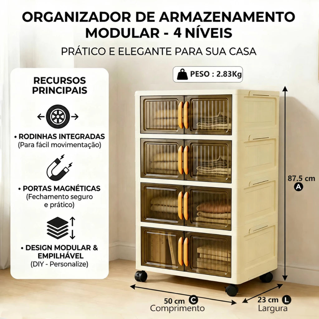 Organizador de Armário 50cm — Dobrável, Empilhável, 2 Portas e Rodinhas