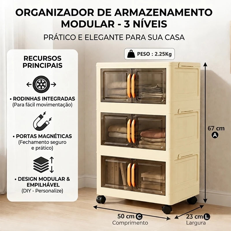 Organizador de Armário 50cm — Dobrável, Empilhável, 2 Portas e Rodinhas