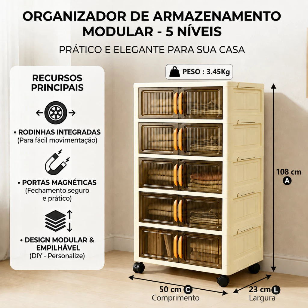 Organizador de Armário 50cm — Dobrável, Empilhável, 2 Portas e Rodinhas