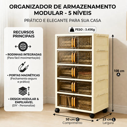 Organizador de Armário 50cm — Dobrável, Empilhável, 2 Portas e Rodinhas
