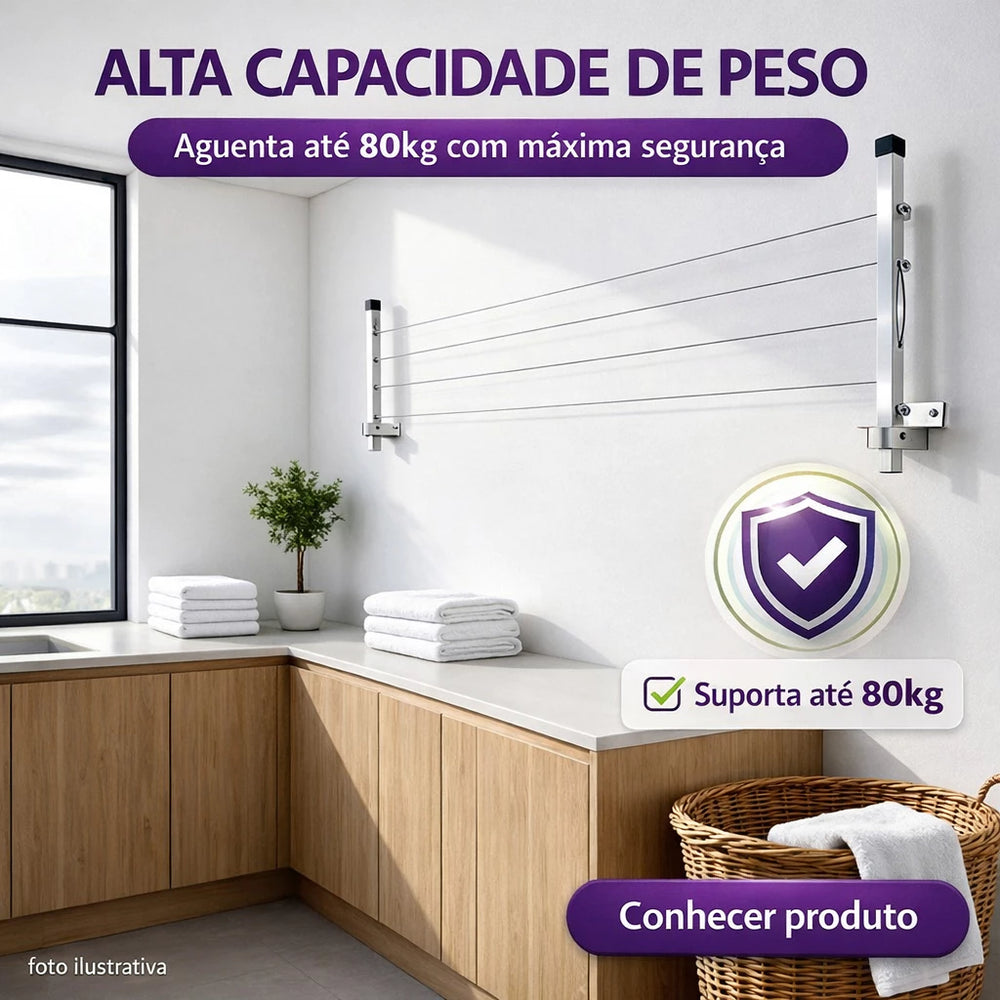 Varal AlumiMAX 80 - Varal de Parede Retrátil Alumínio Reforçado 80kg Premium — detalhe do acabamento | Mova Decor