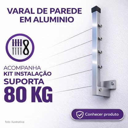Varal AlumiMAX 80 - Varal de Parede Retrátil Alumínio Reforçado 80kg Premium