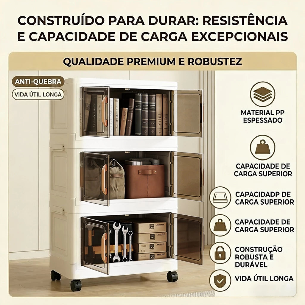Organizador de Armário 50cm — Dobrável, Empilhável, 2 Portas e Rodinhas