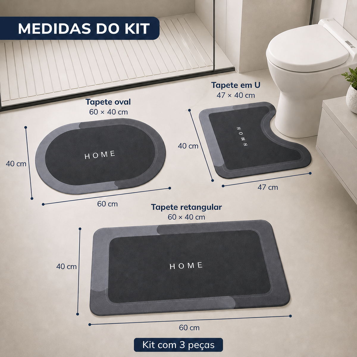 Medidas do Kit Banheiro Comfort Home com três peças