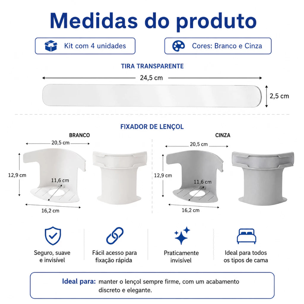 Medidas completas do fixador e da tira transparente FixBed