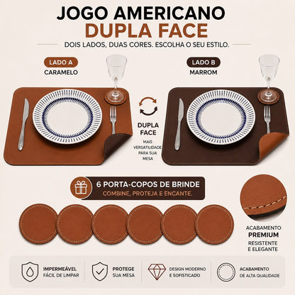Maison Élégance™ – Kit Jogo Americano Dupla Face 6 Peças + 6 Porta-Copos de BRINDE