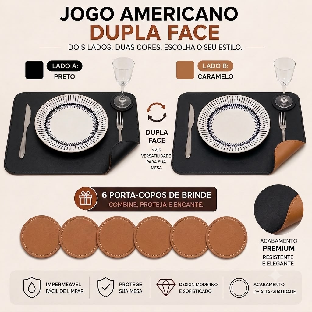 Maison Élégance™ – Kit Jogo Americano Dupla Face 6 Peças + 6 Porta-Copos de BRINDE