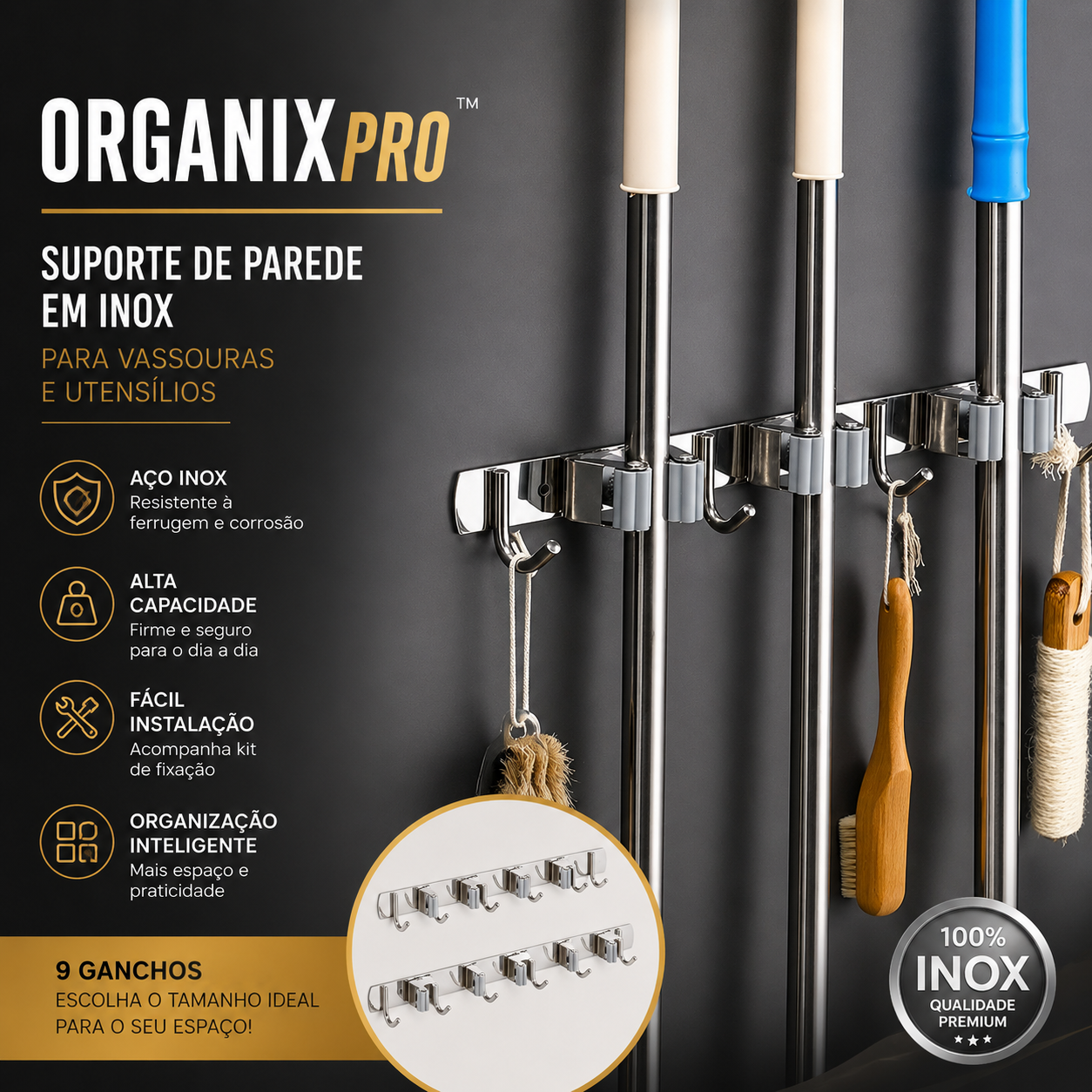 Organix Pro™ – Suporte de Parede Inox para Vassouras e Utensílios