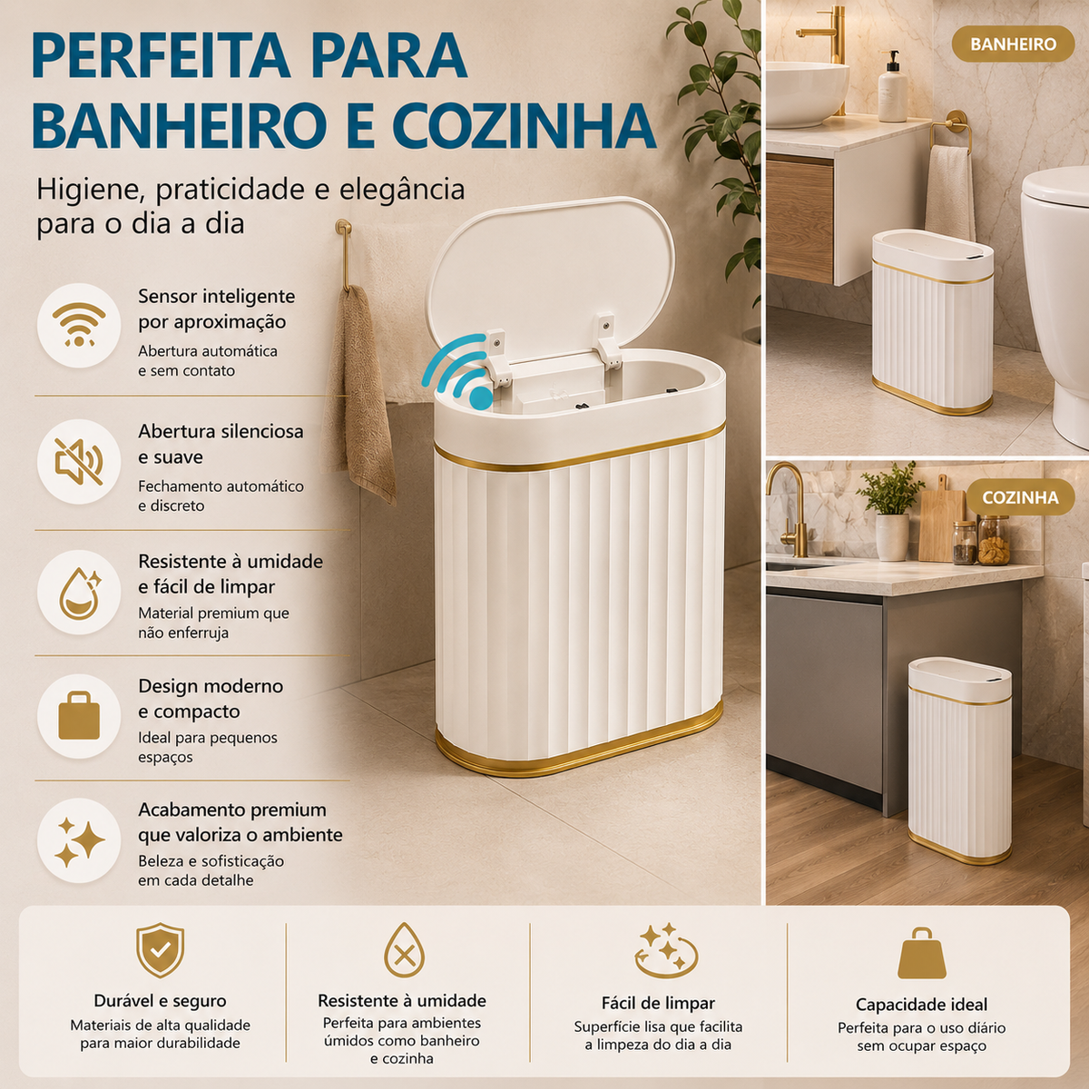 Prime Lixeira Inteligente com Sensor — vista principal branco e dourado