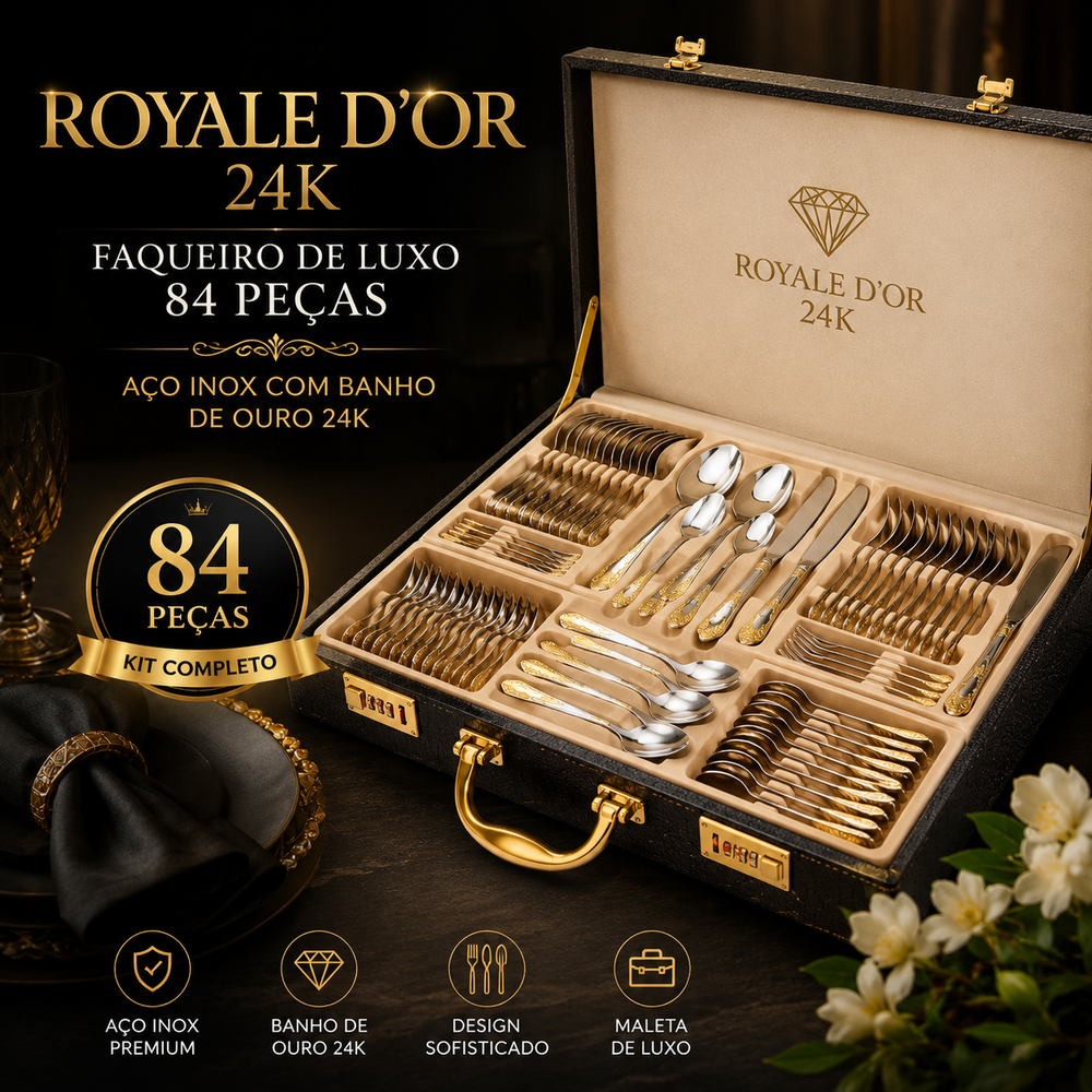 Royale D’Or 24K™ – Faqueiro de Luxo 84 Peças com Maleta Premium — detalhe do acabamento | Mova Decor