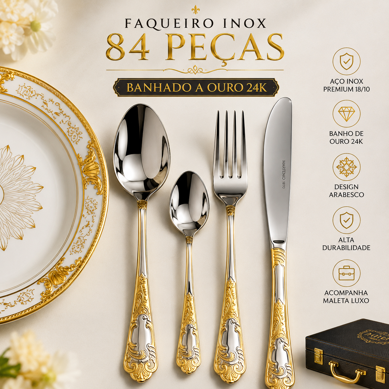 Royale D’Or 24K™ – Faqueiro de Luxo 84 Peças com Maleta Premium