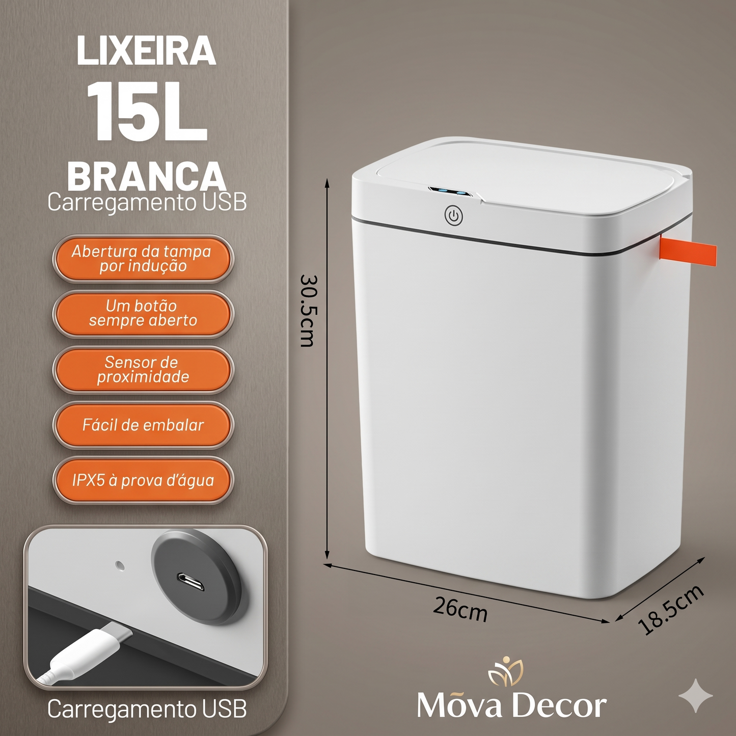 SensorClean Pro™ – Lixeira Inteligente Automática 15L USB | Mōva Decor