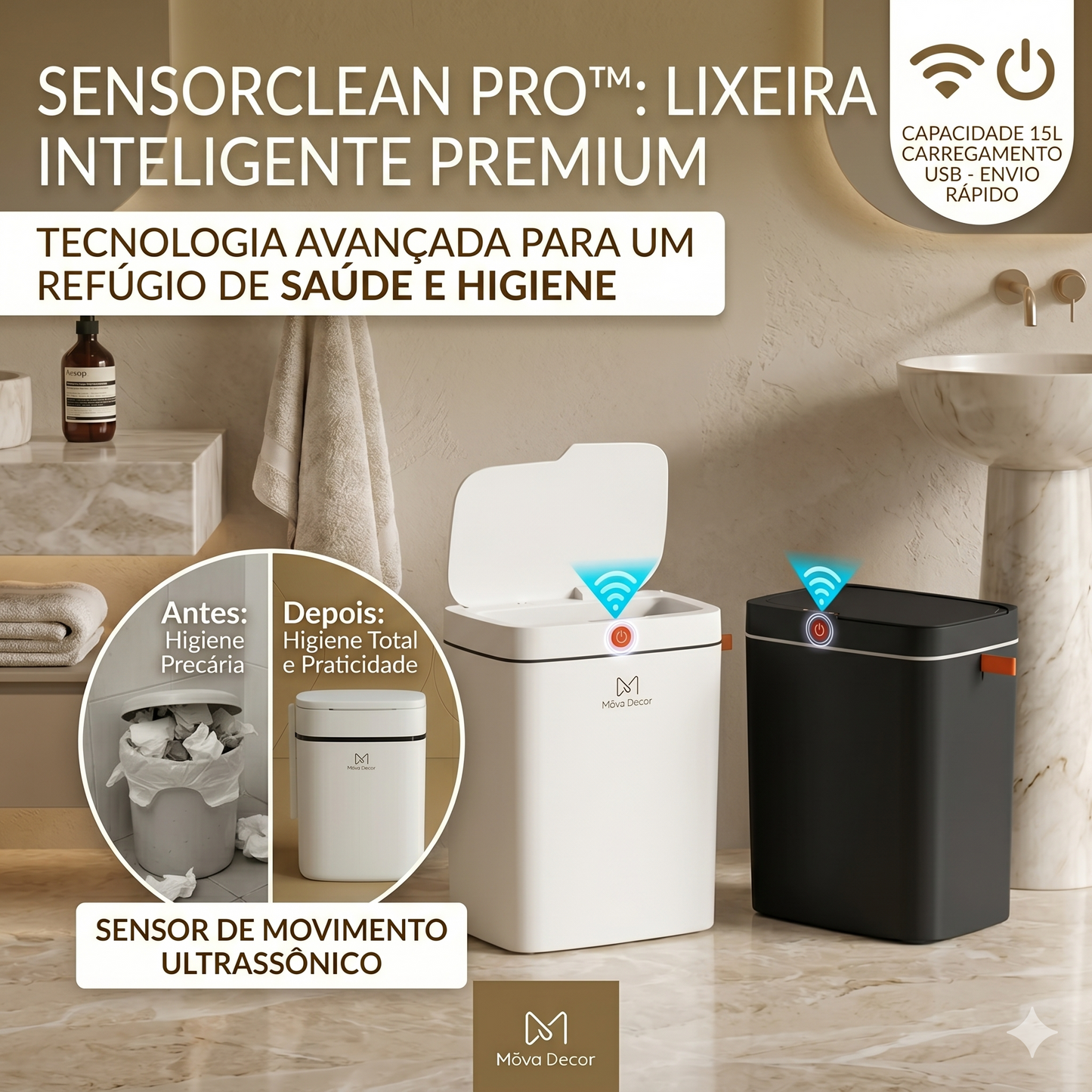 SensorClean Pro™ – Lixeira Inteligente Automática 15L USB | Mōva Decor