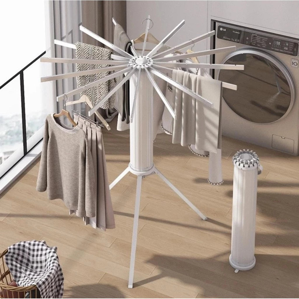 SpinDry Flex™ – Varal Dobrável Giratório de Chão com 16 Hastes em Aço Inox - Mōva Decor