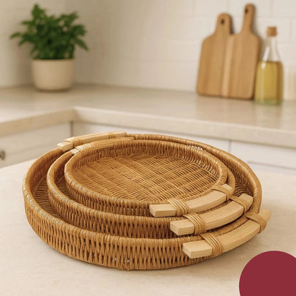 Kit Bandejas Decorativas Redondas em Rattan e Madeira Luxo – Mōva Decor
